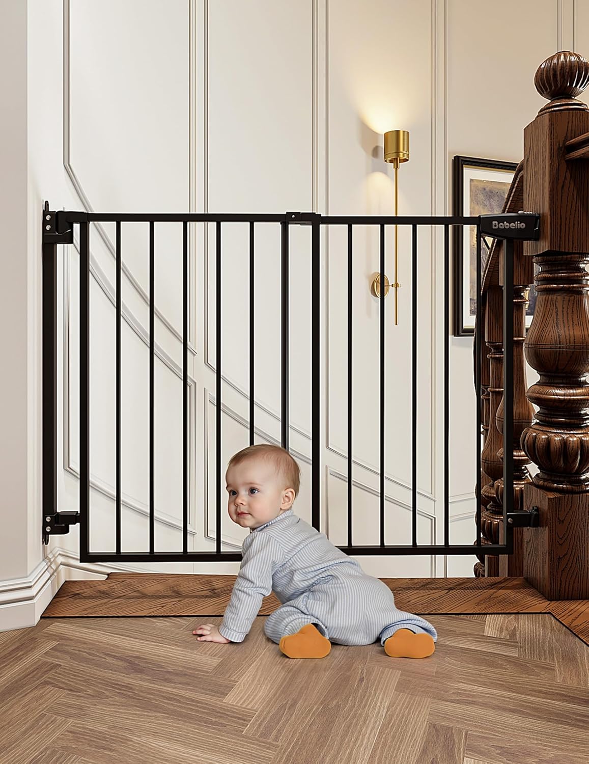 Babelio 29.7-46.5" No Bottom Bar Baby/Dog Gate for Stairs, House and Doorways, Auto Close Safety Pet Gates with Large Walk Thru Door, Hardware Mount, Black