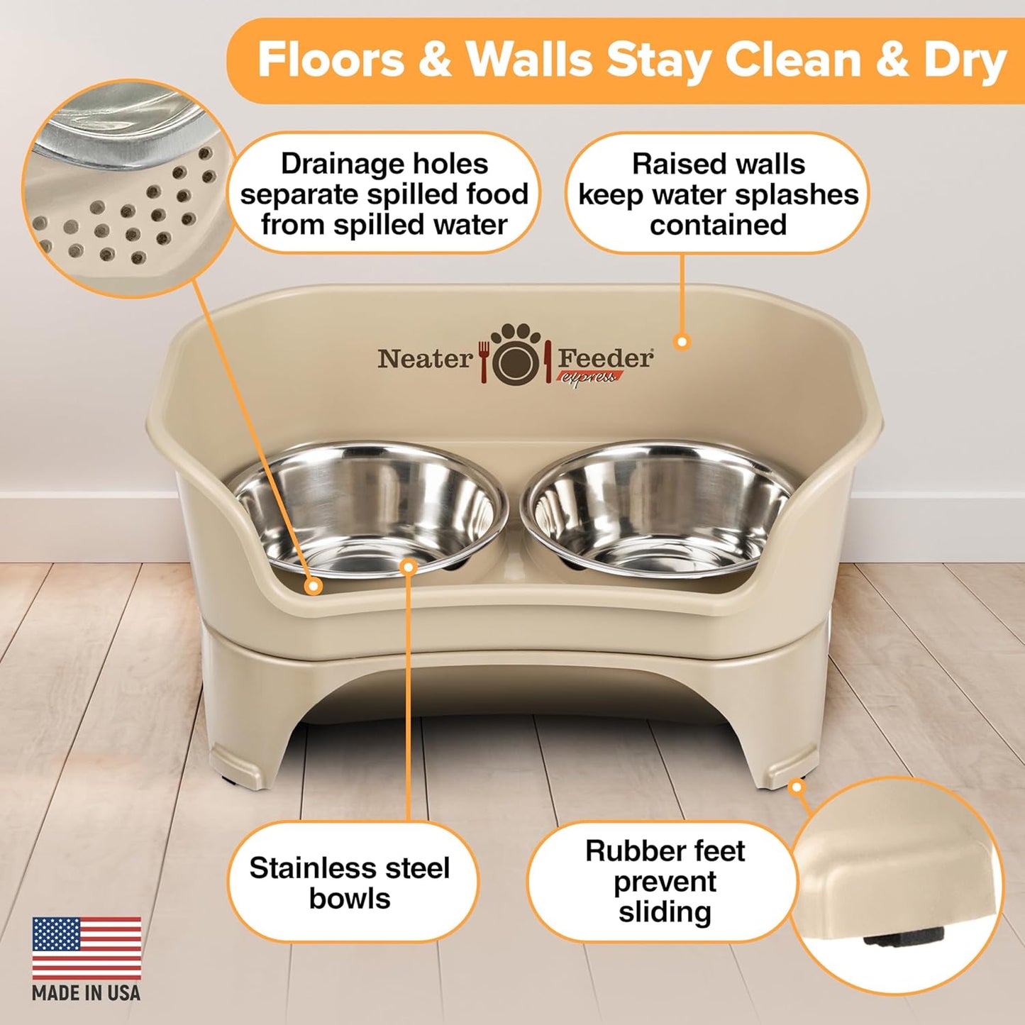 Neater Feeder Express Mess Proof Dog Bowls Elevated for Small Breeds under 15 Lb, Made in USA, No Spill Raised Dog Food Bowl Stand, Stainless Steel Food and Water Bowl Set, Feeding Station, Cappuccino