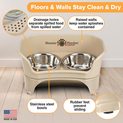 Neater Feeder Express Mess Proof Dog Bowls Elevated for Small Breeds under 15 Lb, Made in USA, No Spill Raised Dog Food Bowl Stand, Stainless Steel Food and Water Bowl Set, Feeding Station, Cappuccino