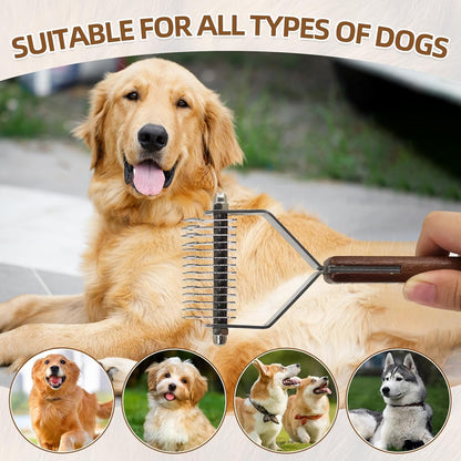 Large 2-Sided Undercoat Rake for Dogs and Cats，Professional Pet Grooming Shedding Tool Combs for Animals，Stainless Steel with Wooden Handle for Thick Coats (20-Blades)