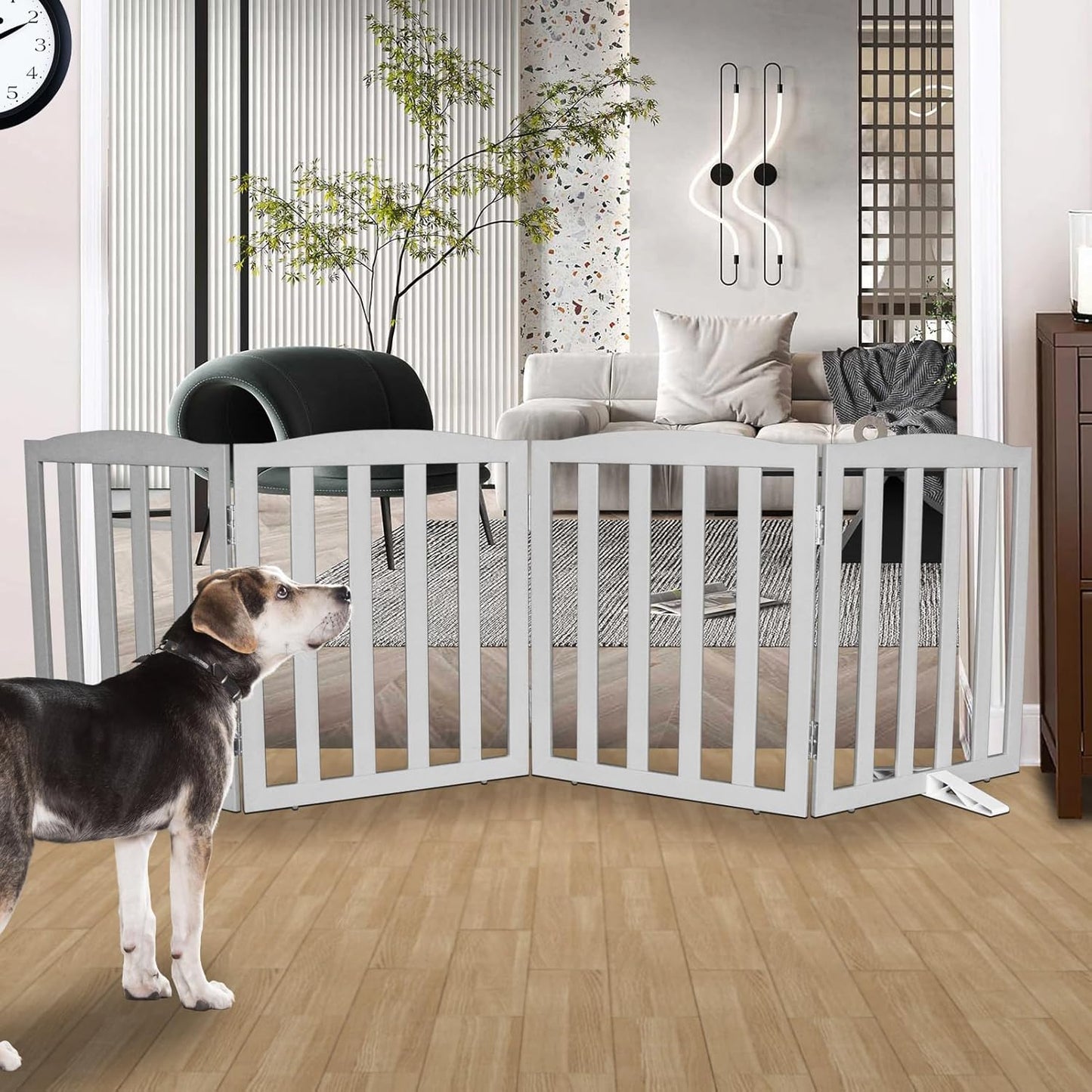 Freestanding Dog Gate Indoor,Doggie Gate Foldable Pet Gates for Doorways,Stairs or Hallways, Wooden Brown Pet Gate for the House, Pet Fence with Support Feet Included,24 "Height-3 Panels