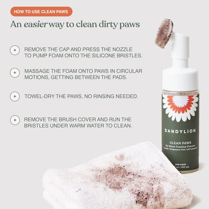 Dandylion Dog Paw Cleaner, Clean Paws, Dog Paw Washer, No Rinse Foam Cleaner for Dogs, Fragrance Free pH Balanced Foaming Washer with Silicone Brush, Pet Cleaning Supplies, 5 fl oz