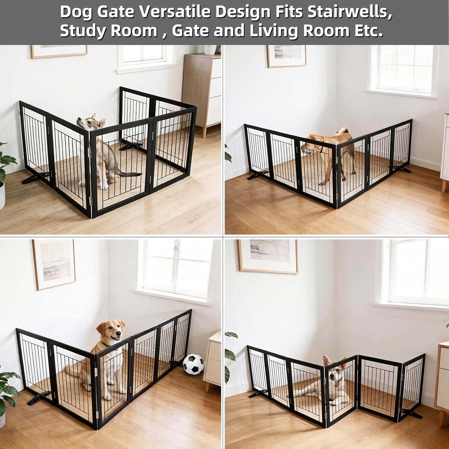 ZJSF Freestanding Dog Gate Indoor, Foldable Dog Fence for Doorways,Hallways or Stairs, Sturdy Wood Extra Wide Pet Gate with Support Feet,Black,24 "Height-3 Panels