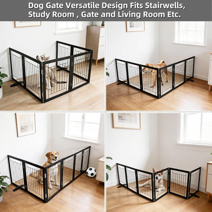 ZJSF Freestanding Dog Gate Indoor, Foldable Dog Fence for Doorways,Hallways or Stairs, Sturdy Wood Extra Wide Pet Gate with Support Feet,Black,24 "Height-3 Panels