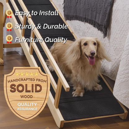 Dog Ramp for Bed or Couch, Wooden Pet Ramp with 20° Gentle Slope, Removable Side Rails, Non-Slip Surface, Top Platform & Wheels, Safe Bed Ramp for Small, Large & Senior Dogs, 60" Long, Mahogany