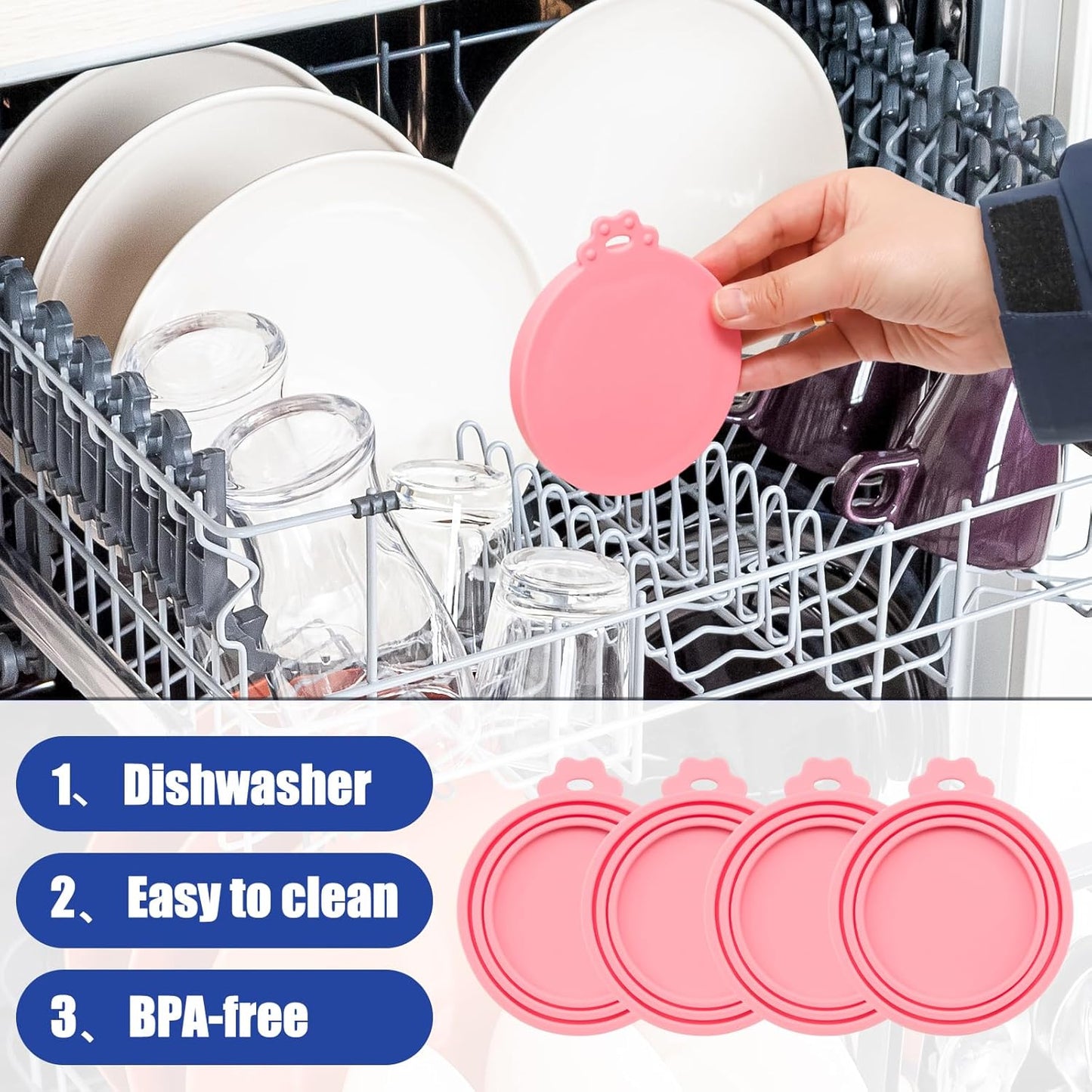 PINE & LINEN 4 Pcs 2.5inch Durable Pet Can Lids, Silicone Small Pet Can Covers Waterproof Cat Food Cans Lids for 3 oz Cat Food Cans（Yellow+Red+Pink+Blue）