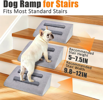 Dog Ramp for Stairs with Anti-Slip Bump for Small & Senior Dogs and Cats – Stair Wedges for Dogs with Gentle Slope, Pet Ramp with Washable Cover & Self-Sticky Pads for Safe Climbing (Gray, 6 Pack)