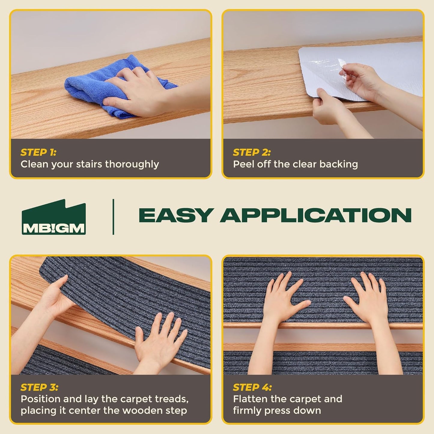 MBIGM 8" X 30" (15 in Pack) Nonslip Carpet Stair Treads Non-Skid Safety Rug Slip Resistant Indoor Runner for Kids Elders & Pets with Reusable Adhesive - Brown - Non Slip Stair Treads Indoor