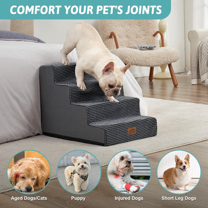 COZY KISS Dog Stairs for Small Dogs, 4 Tier Wider Pet Stairs for Couch and Beds, 17.7" H Non-Slip Dog Steps for Old Cats, Puppy, Small Medium Dogs, 17.7x23.6x17.7 inch, Beige