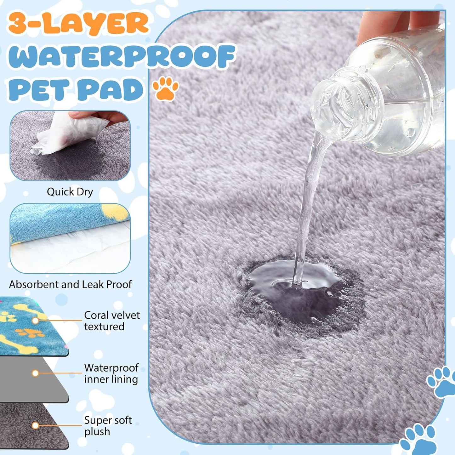 Tegeme 6 Pcs Waterproof Dog Blanket 24 x 16 Inch Paw Print Pet Blanket for Dogs Cats Puppy Washable Soft Fluffy Fleece Rug Flannel Throw Warm Sleep Mat for Kitten Doggy