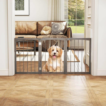 PETSITE 3-Panel Foldable Dog Gate Indoor, 30 Inch Height Wooden Freestanding Pet Fence for Stairs, Hallways, and Doorways, Ideal for Small Sized Pets (Grey)