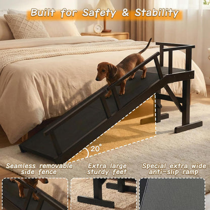 61" Dog Ramp for Bed with Rest Platform & Glow Strips, 20° Gentle Slope, EVA Non-Slip Surface, Removable Safety Rails, Birchwood Solid Wood, for Small, Large & Senior Dogs, Joint Protection, Black