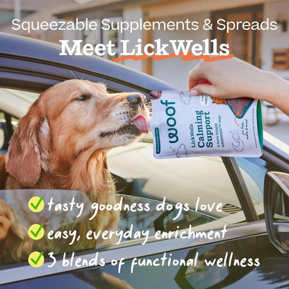 Woof LickWells Pumpkin Butter - Dog Lick Mat Spread and Meal Topper for the FlipMat and LickMat - Made with Prebiotics and Superfoods - for Digestion and Enrichment - 12 oz - PB & Pumpkin Flavor