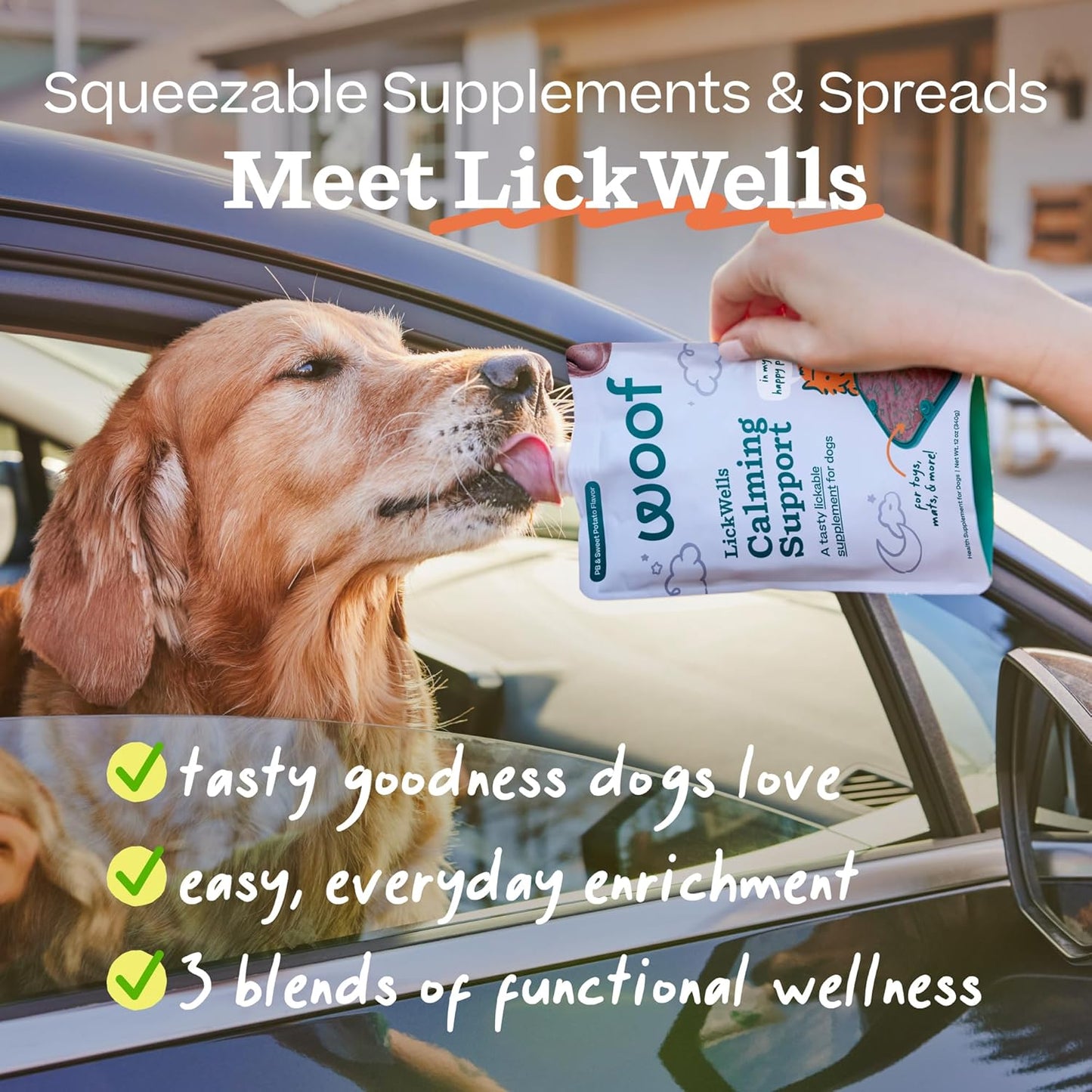 WOOF LickWells Calming Support - Dog Lick Mat Spread and Calming Supplement for Dogs - Promotes Relaxation for Normal Stress -Pairs with FlipMat and LickMat - 12 oz - PB & Sweet Potato Flavor