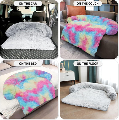 Calming Dog Bed Fluffy Plush Dog Mat for Furniture Protector with Removable Washable Cover for Large Medium Small Dogs and Cats (Large, Light Grey)