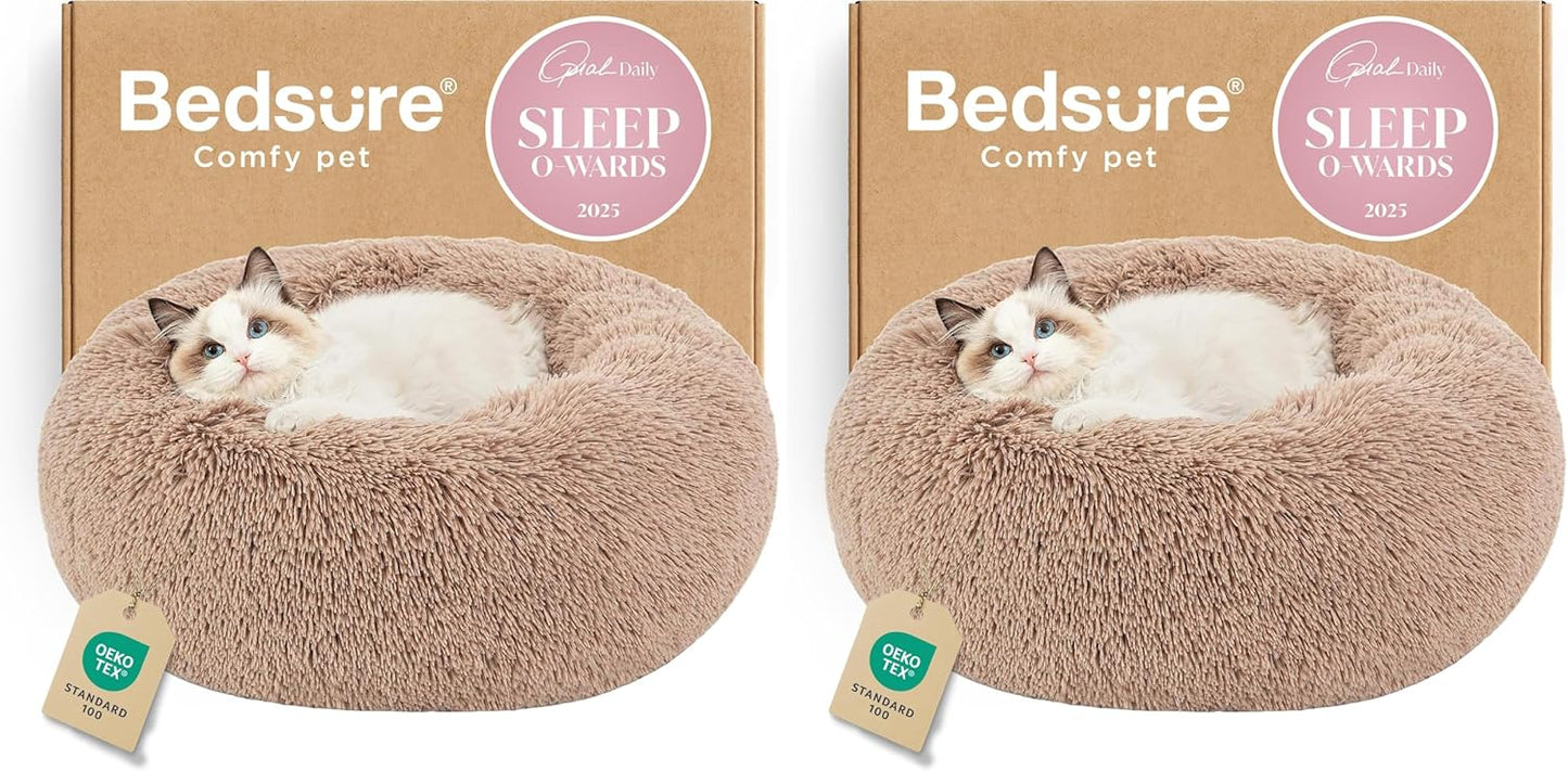 Bedsure Calming Dog Bed Medium Size Dog - Donut Washable Medium Pet Bed, 30 inches Anti-Slip Round Fluffy Plush Faux Fur Cat Bed, Fits up to 45 lbs Pets, Camel