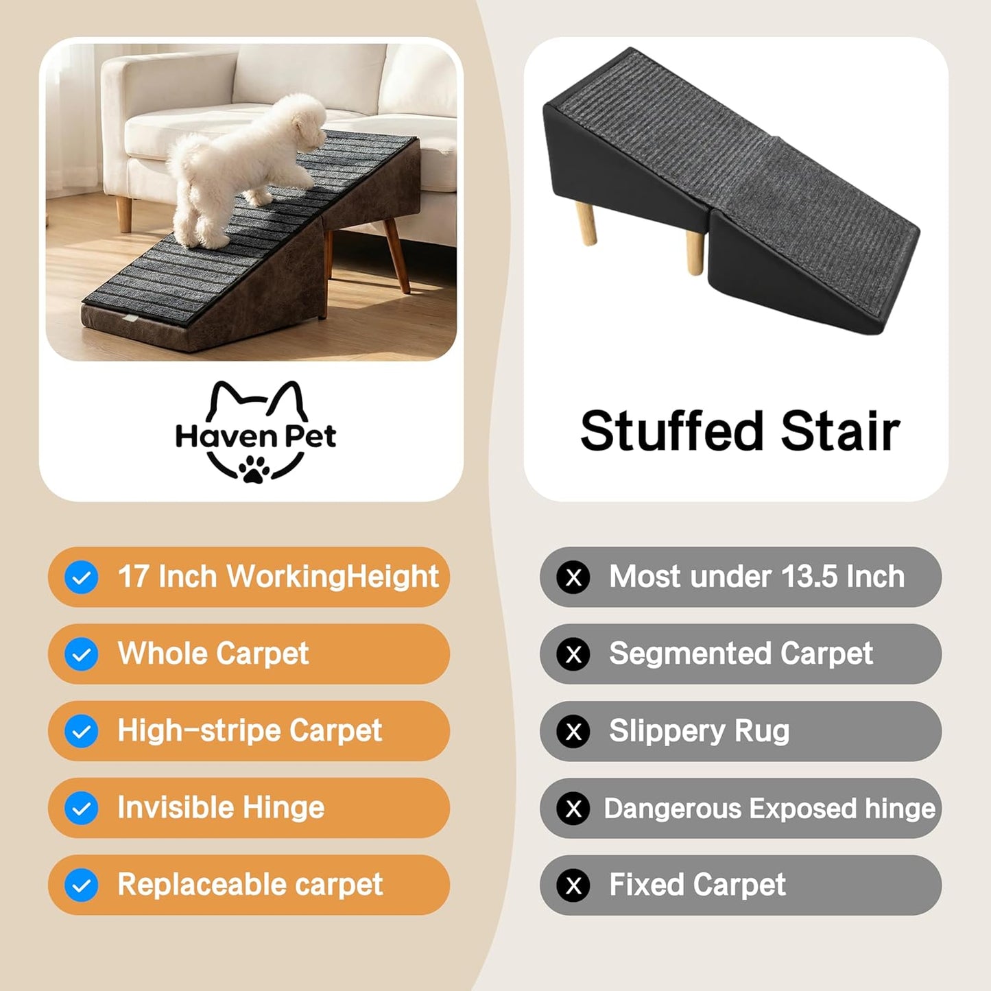 2-in-1 Dog Ramp and Stairs for Bed and Couch, 17 Inch High,Foldable Ottoman Ramp with Non-Slip Replaceable Carpet, Joint Relief for Small and Large Dogs