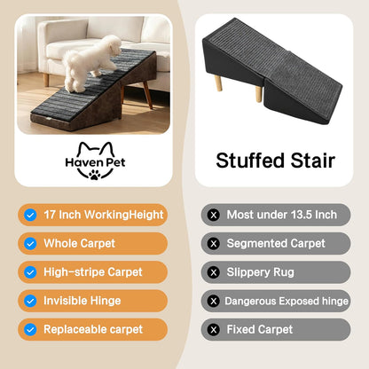 2-in-1 Dog Ramp and Stairs for Bed and Couch, 17 Inch High,Foldable Ottoman Ramp with Non-Slip Replaceable Carpet, Joint Relief for Small and Large Dogs