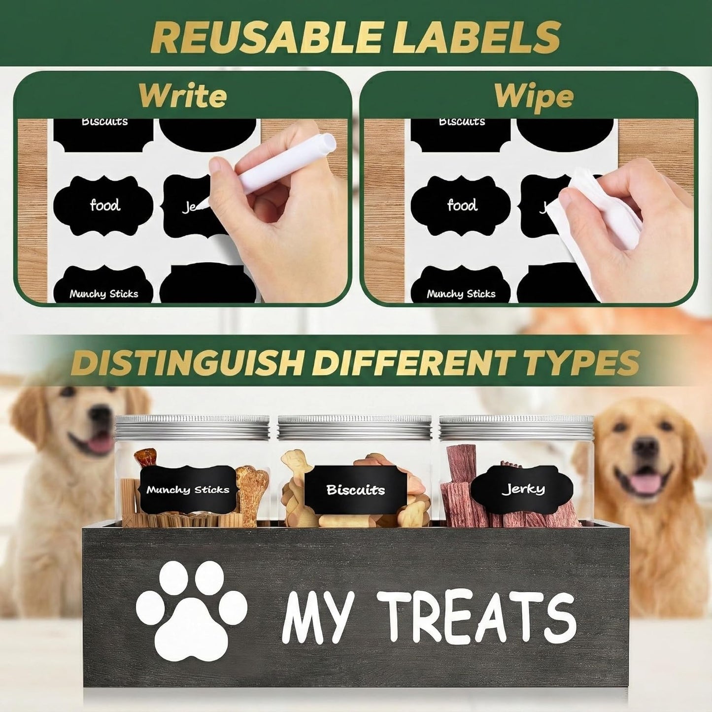 qeerable Dog Treat Container Airtight Storage Jars Set of 3 - Clear Plastic Pet Treat Canister with Lids - Dog Food Container for Countertop Organization (grey)