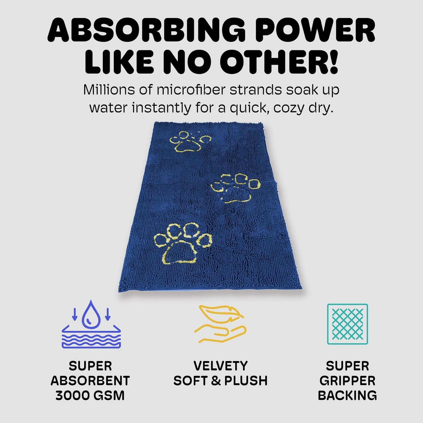 Dog Gone Smart Dirty Dog Doormat - Fast Drying Rug with Super Gripper Backing for Clean Floors - Super Absorbent and Machine Washable Mat for Muddy Paws - Grey