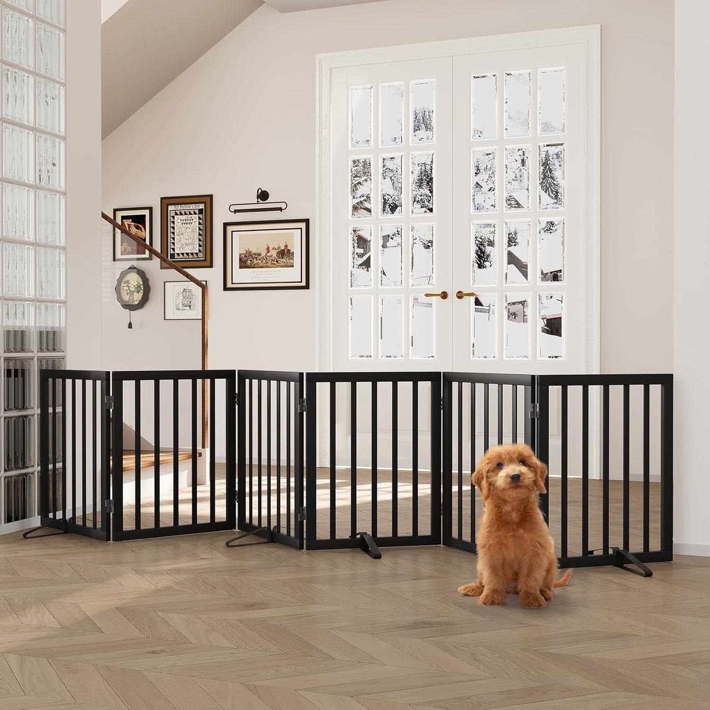 Freestanding Dog Gates Indoor, 3-Panel Pet Gates with 2 Metal Stands and 360° Hinge, 24" H Foldable Dog Gate for Stairs, Doorway, Kitchen, Expands Up to 55" Fully Assembled - Black Walnut