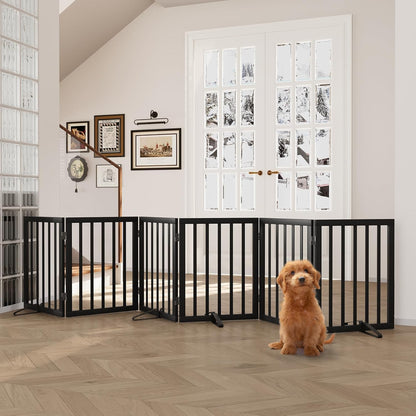 Freestanding Dog Gates Indoor, 3-Panel Pet Gates with 2 Metal Stands and 360° Hinge, 24" H Foldable Dog Gate for Stairs, Doorway, Kitchen, Expands Up to 55" Fully Assembled - Black Walnut