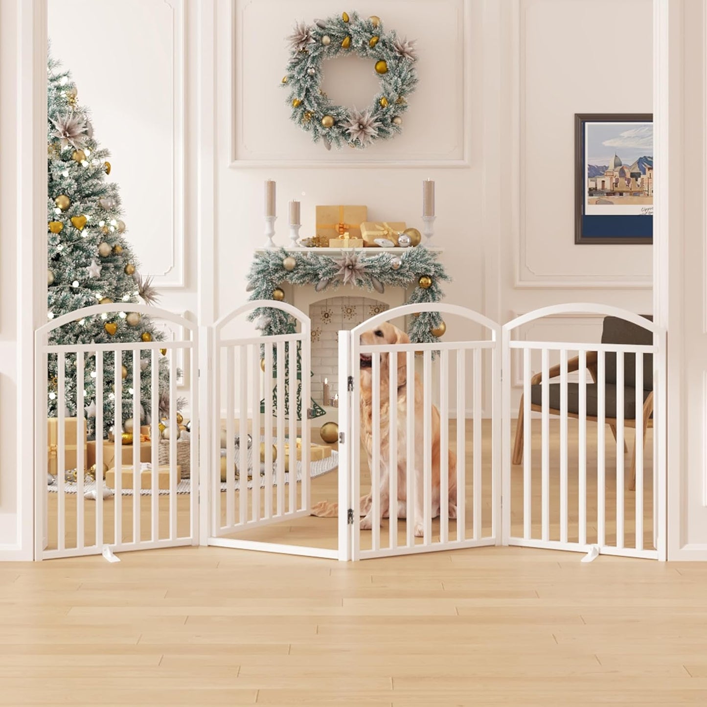 Folding No-Assembly Freestanding Dog Gate with Door,32" Heights Foldable Pet Fence,144" Extra Wide Accordion Puppy Folding Playpen for Doorways,House,Stairs (6 Panels,White)