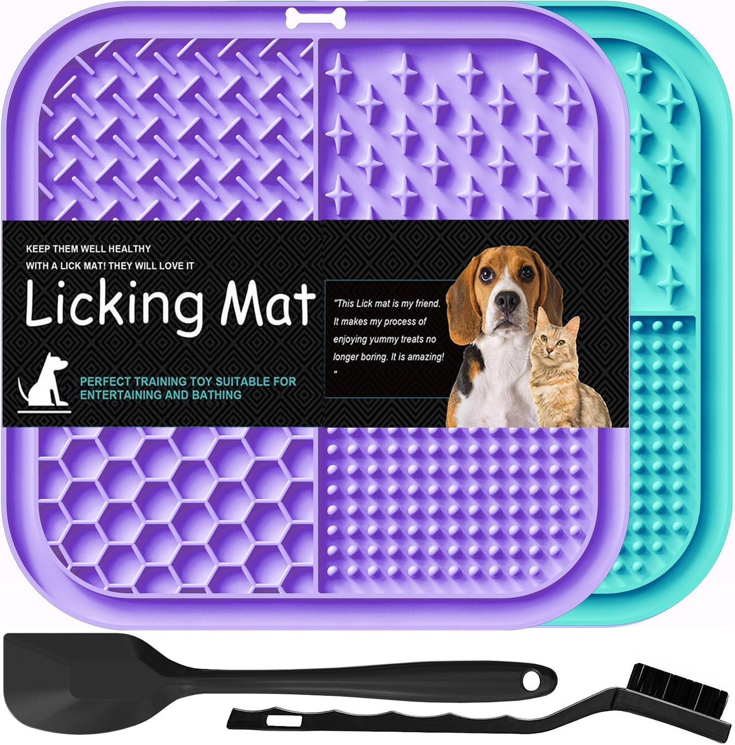 Lesipee Licking Mat for Dogs & Cats 2 Pack, Slow Feeder Lick Pat, Dishwasher Safe, Anxiety Relief Dog Toys Feeding Mat for Butter Yogurt Peanut, Pets Supplies Bathing Grooming Training Calming Mat