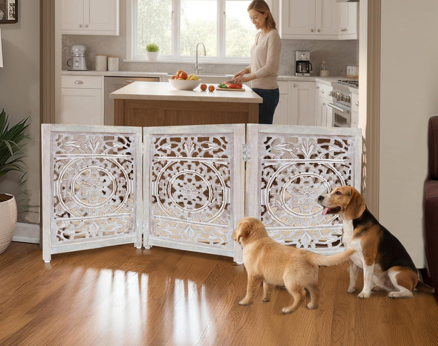 Croft&Cane Wooden Foldable Pet Dog Safety Gate – 3 Panel Freestanding Indoor Pet Fence (20 inches W x 24 inches H) – Hand-Carved Solid Wood & MDF – Fully Assembled - Antique Brown