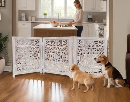 Croft&Cane Wooden Foldable Pet Dog Safety Gate – 3 Panel Freestanding Indoor Pet Fence (20 inches W x 24 inches H) – Hand-Carved Solid Wood & MDF – Fully Assembled - Antique Brown