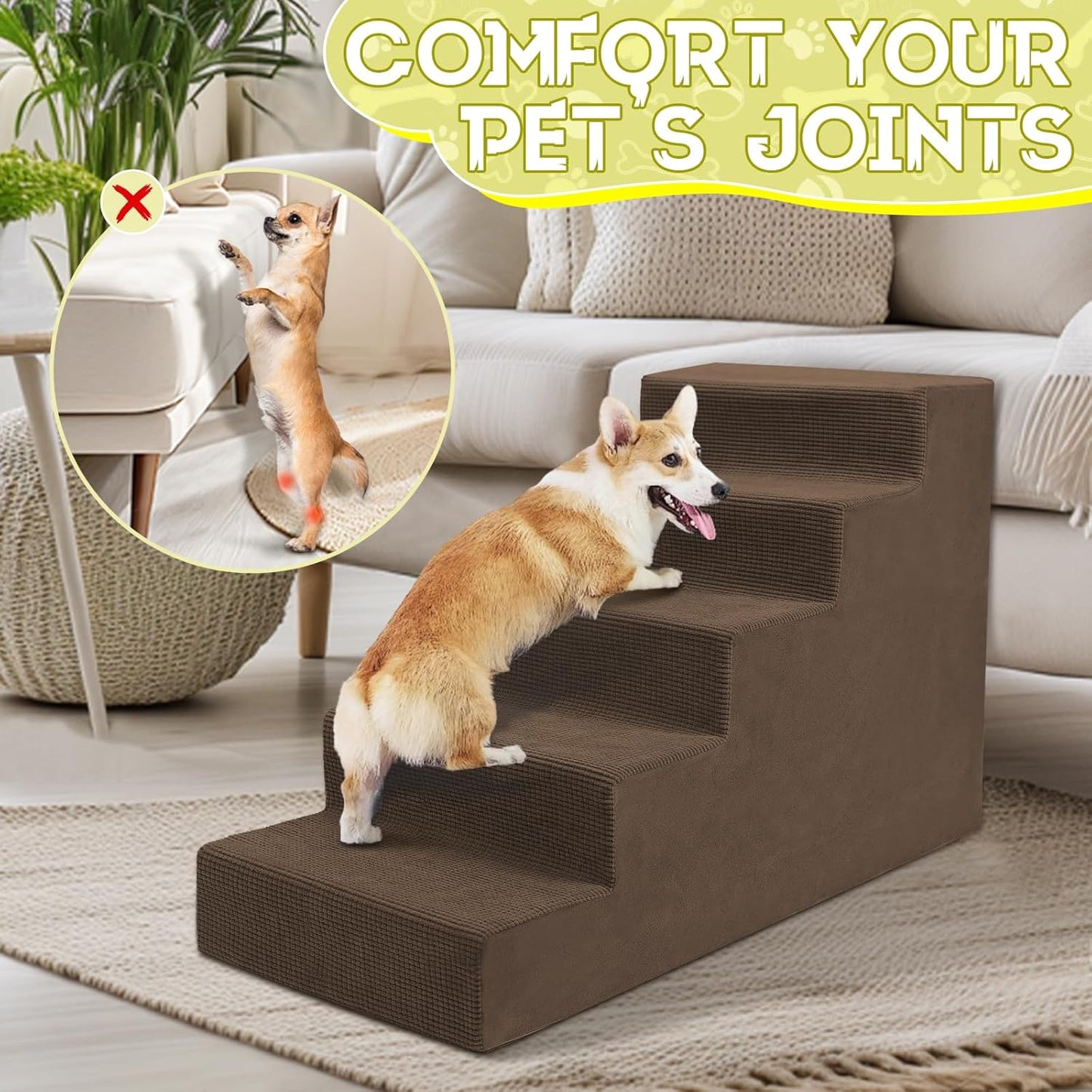 Niubya Dog Stairs for Small Dog and Cats,23”H Non-Slip Bottom Pet Steps for High Beds and Couch,Extra Wide High-Density Foam Pet Stairs Grey,5 Steps