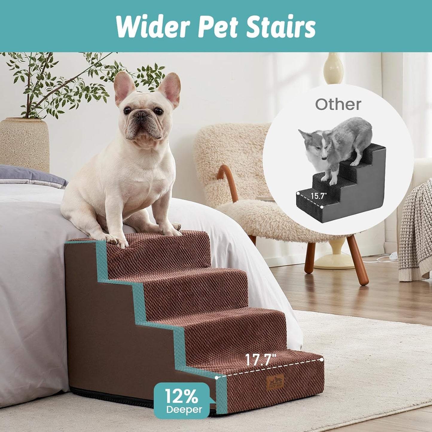 COZY KISS Dog Stairs for Small Dogs, 4 Tier Wider Pet Stairs for Couch and Beds, 17.7" H Non-Slip Dog Steps for Old Cats, Puppy, Small Medium Dogs, 17.7x23.6x17.7 inch, Beige