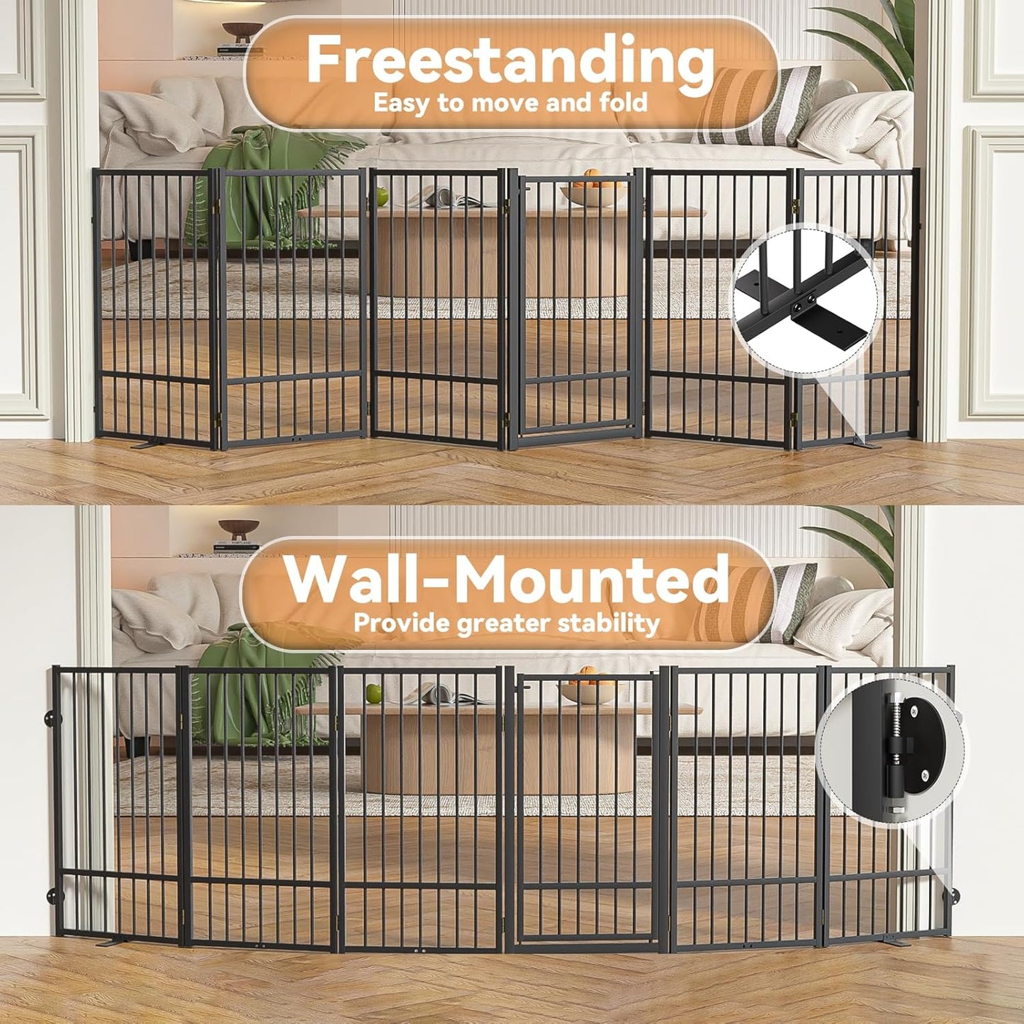 SNUOWU Full Metal Freestanding Dog Gate with Door, 32''Height Foldable Pet Dog Fence for Indoor & Outdoor, 4 Panels Extra Wide Free Standing TallDog Gates for Doorways,House,Stairs,Porch,Deck,Yard
