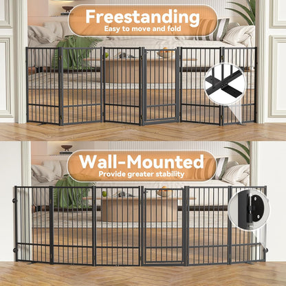 SNUOWU Full Metal Freestanding Dog Gate with Door, 32''Height Foldable Pet Dog Fence for Indoor & Outdoor, 4 Panels Extra Wide Free Standing TallDog Gates for Doorways,House,Stairs,Porch,Deck,Yard
