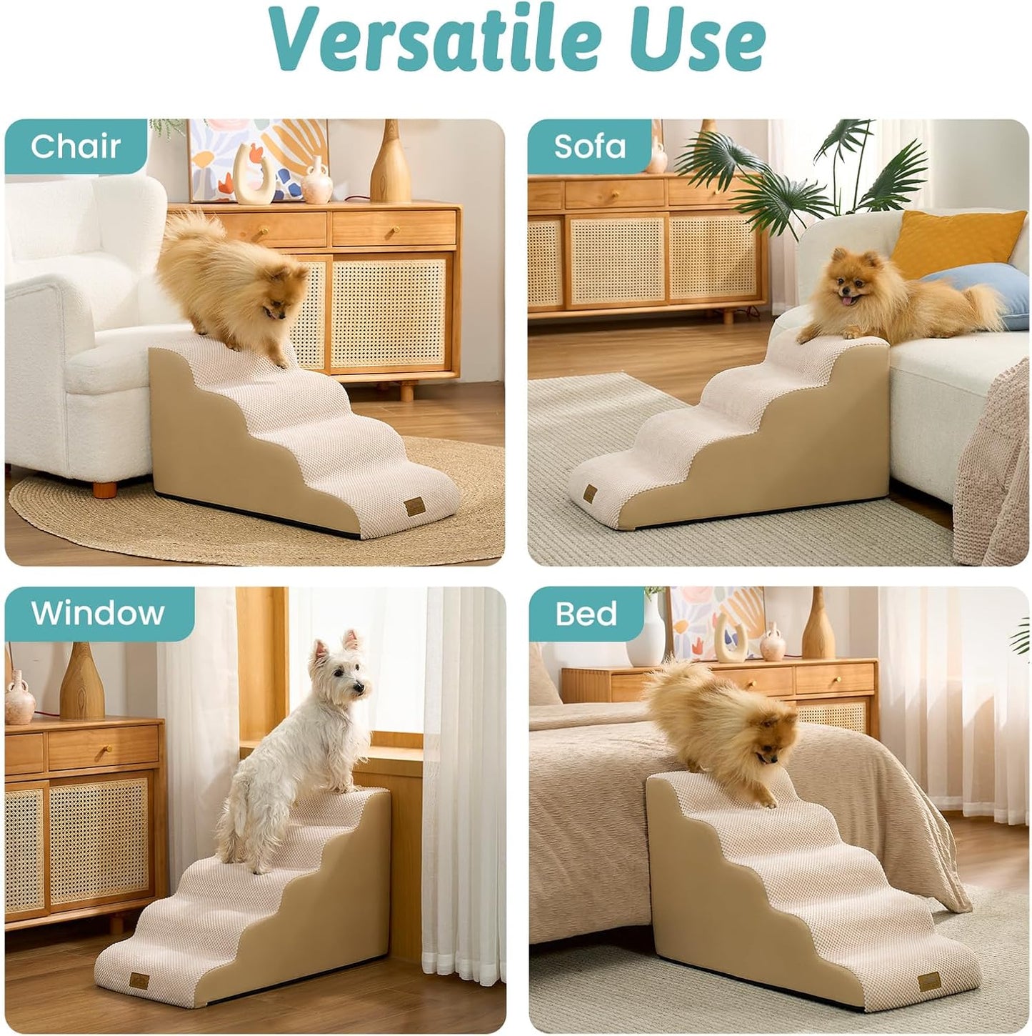 COZY KISS Dog Stairs for Small Dogs 15.7" H, 4-Step Sturdy Foam Dog Steps for Couch and Bed, Curved Pet Stairs for Puppy and Older Cat, Doggie Ladder with Washable Cover, 15.7x28.3x15.7 inch, Beige