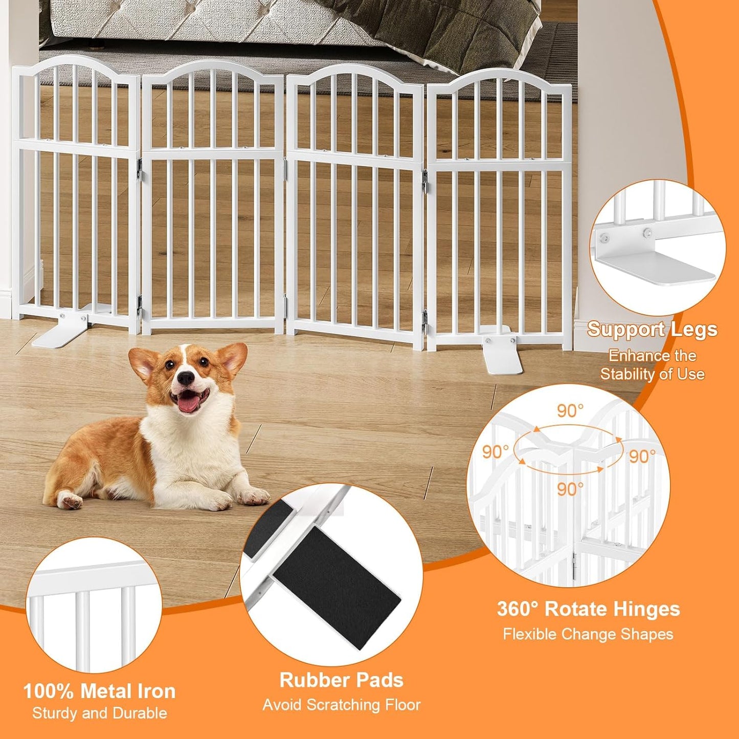 Snughome Short Dog Gate Indoor, 16" High Freestanding Small Dog Door Gates with Support Feet, Expands Up to 48’’ Wide Foldable Pet Gate for Doorway, 4 Panel Folding Pet Door Pet Fence for Puppy, White