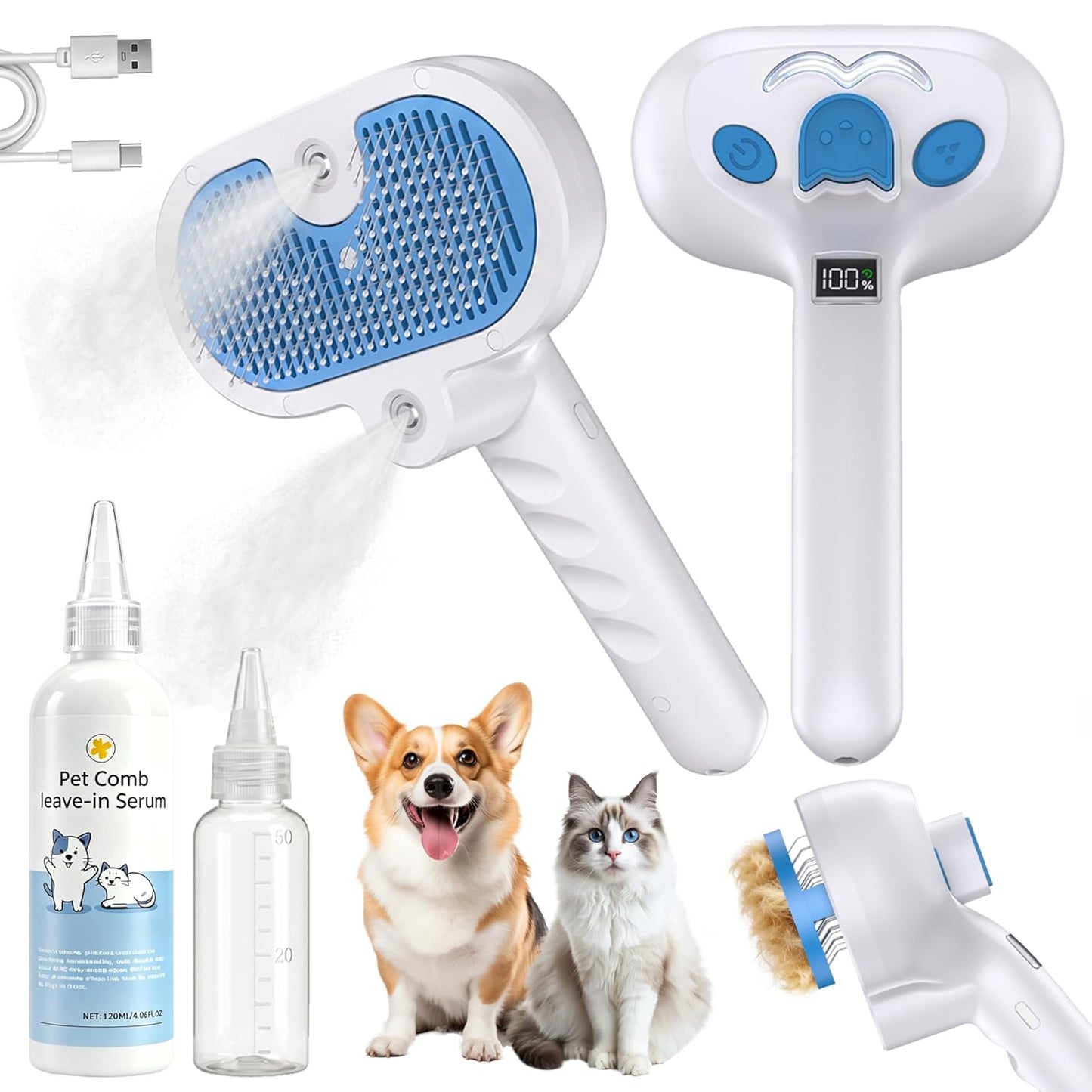 4-in-1 Pet Steam Brush for Dog & Cat with Dual Spray Nozzle | Shedding Hair Removal Comb with Waterless Shampoo, Self-Cleaning Grooming Tool for Anti-Static Skin-Friendly Use (blue)