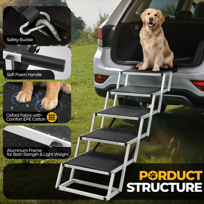 Auto Dynasty Dog Stairs for Car - 4 Steps Wide 31.4in High 25in Foldable Dog Ramp for Car Non-Slip Surface Support up to 150lbs - Suitable for SUV,Truck, Sofas, Bed/Couch