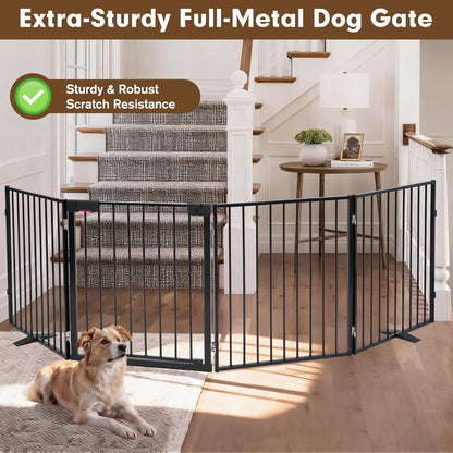 104" Extra Wide Dog Gate, Heavy Duty Metal Freestanding Dog Gate with Door for Indoor & Outdoor, Foldable Pet Fence for Doorways,House,Porch,Deck,Yard,Stairs, Auto Close(4 Panels,Black)