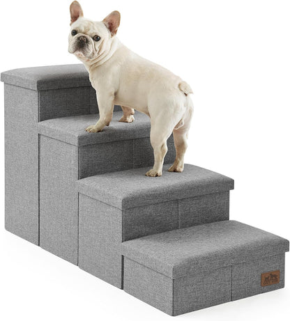 Dog Stairs with Storage, 4-Step Wider Sturdy Dog Steps for Small/Medium/Large Dogs and Older Cats, Folding Doggie Ramp for Bed/Couch/Car Hold Up to 180 lbs (22" H, Brown)