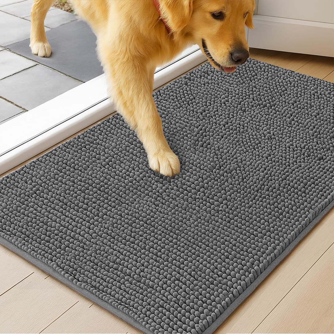 MudGuard Mat™ Dog Door Mat for Muddy Paws, Super Absorbent Microfiber, Non-Slip Indoor Mat, Quick Dry Chenille Mud Mat for Dogs & Entryway, Washable, Grey 19" x 30"