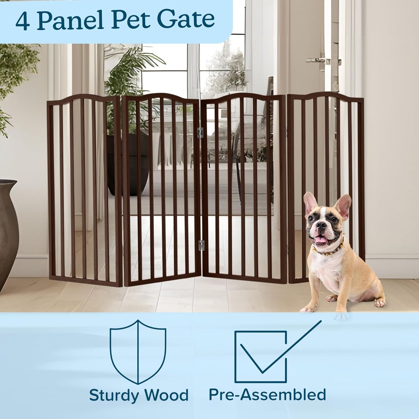 Pet Gate - 4 Panel Freestanding Dog Gate Indoor or Outdoor Use - 74x32-Inch Retractable Dog Fence for Doorways, Hallways, and Stairs - Safety Pet Fence by PETMAKER (Brown)