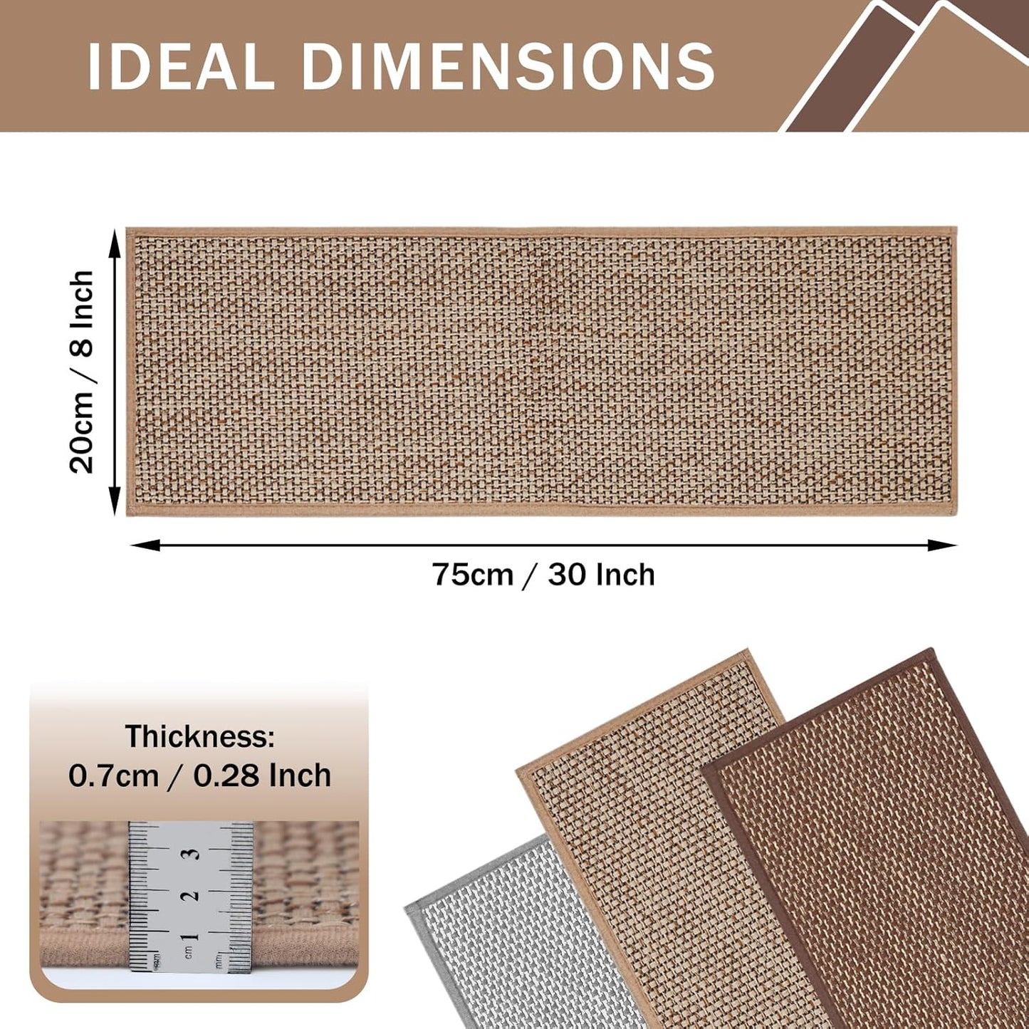 Natural Linen Non Slip Stair Treads, 15 Pack 8" X 30" Carpet Stair Treads with Reusable TPE Adhesive Backing, Non Slip Stair Runner Indoor for Kids Elders and Pets, Machine Washable, Brown Weave