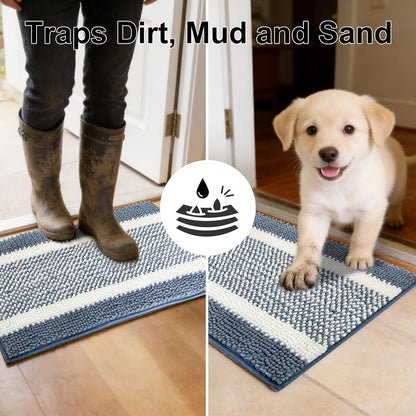 pobopobo Dog Door Mat for Muddy Paws - Absorbent & Washable Chenille Rug, Non-Slip Dirt Trapper for Indoor Outdoor Entryway, Quick Dry Pet Mat for Muddy Dogs (Striped Gray-Blue&White, 24" x 16")