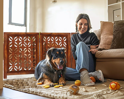 Croft&Cane Wooden Foldable Pet Dog Safety Gate – 3 Panel Freestanding Indoor Pet Fence (20 inches W x 24 inches H) – Hand-Carved Solid Wood & MDF – Fully Assembled - Antique Brown
