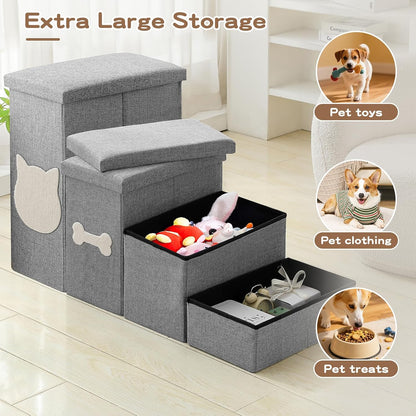 Wider Dog Steps for Bed 17" H, Foldable Dog Stairs with Storage, Non-Slip Pet Steps for Small Medium Large Dogs, Arthritis-Friendly Pet Stairs for Couch and Car Up to 200 lbs, Grey, 3 Steps
