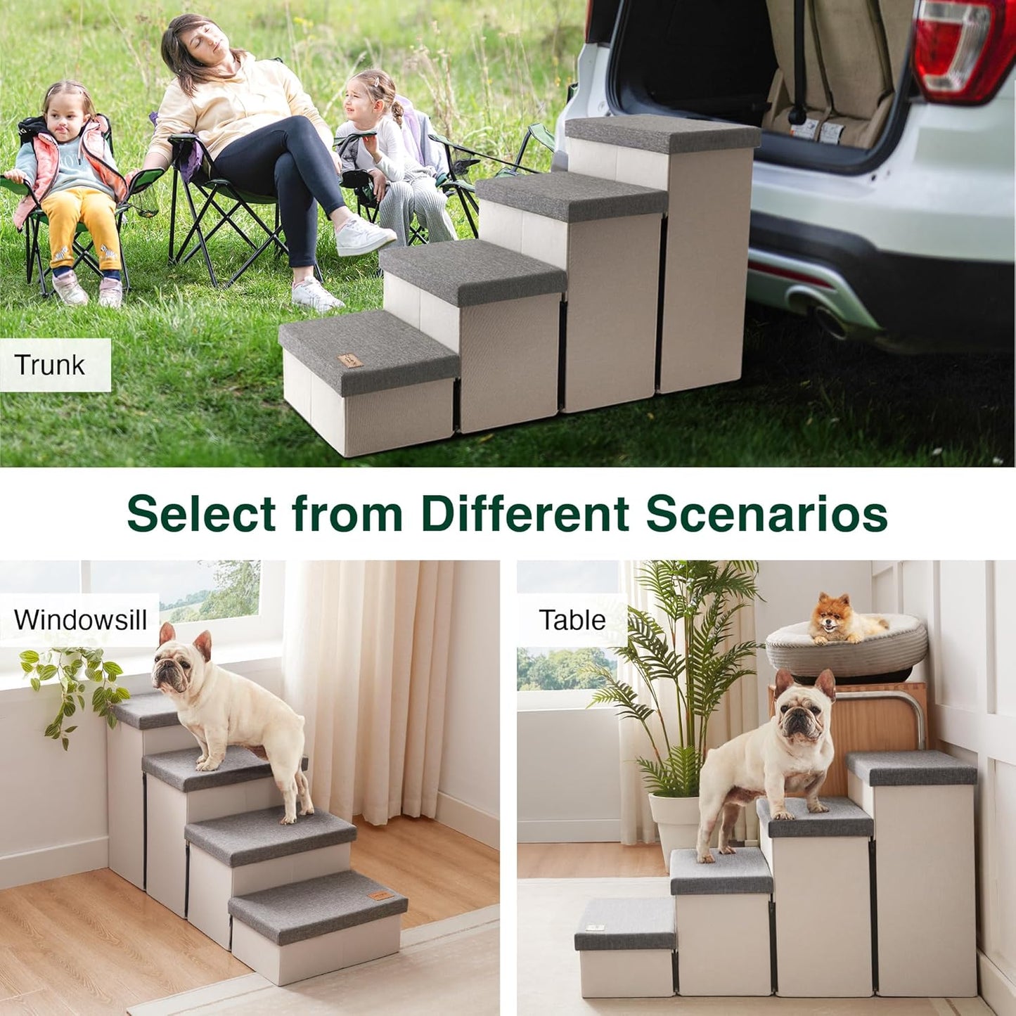 Love's cabin Dog Stairs with Storage 13" H, Foldable Pet Stairs for Small Medium or Large Dogs, Cat Puppy Steps Ramp with Zip up to 150 lbs, Solid Grey, 2 Steps