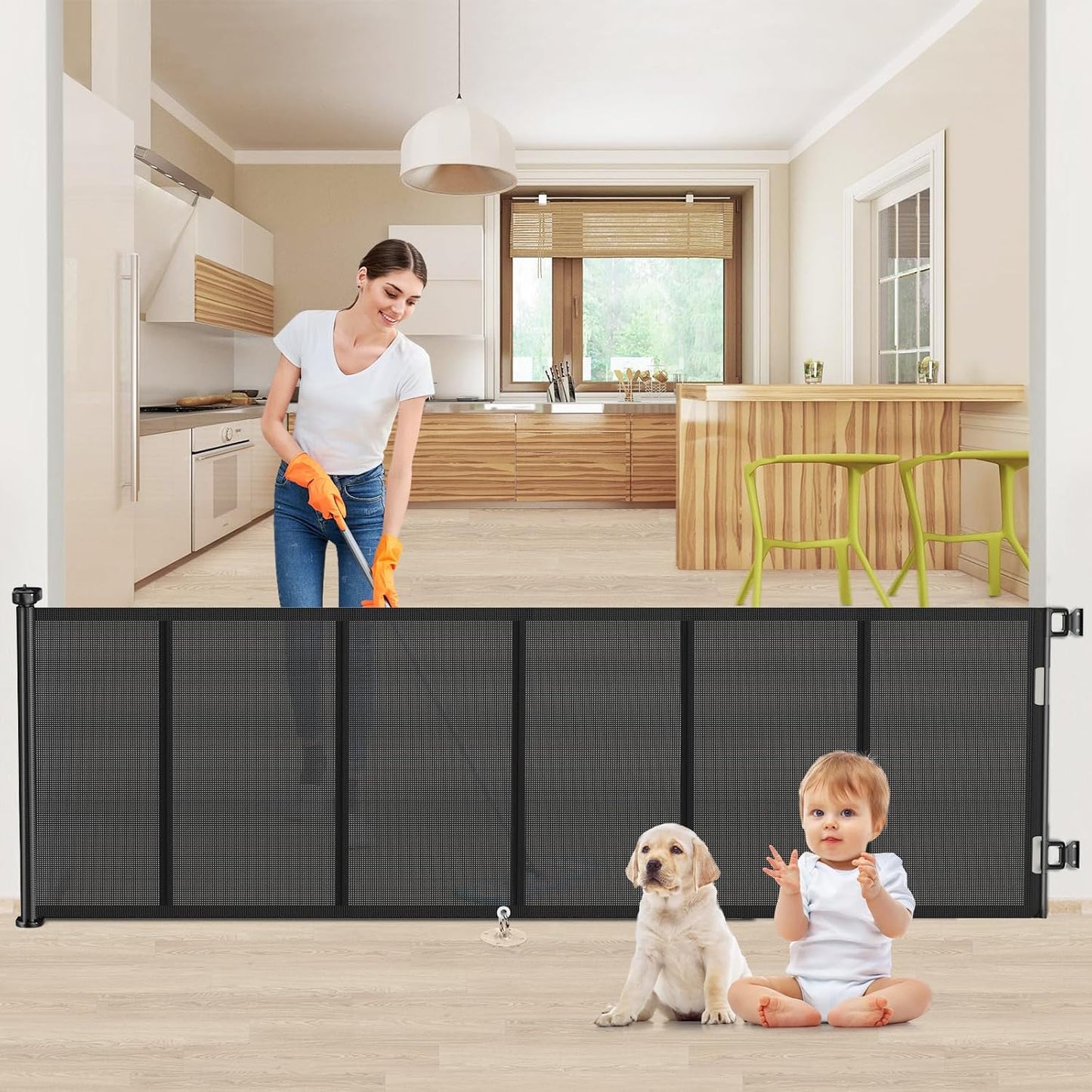 Upgrade 120 inch Retractable Baby Gates, EZIGO Extra Wide Baby Gate for Large Opening Extra Long Mesh Gate for Kids or Pet Dog Gate Child Safety Gate for Stairs Hallways Doorway Indoor Outdoor, Gray