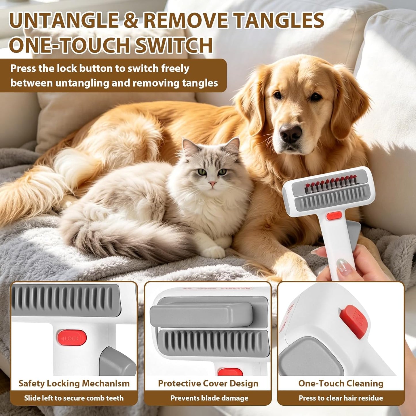 2-in-1 Pet Self-Detangling & Grooming Comb,2026 New Deshedding Tool for Dogs & Cats,Undercoat Rake & Brush for Long or Short Hair, Removes Mats, Tangles & Loose Fur(1 Pack)