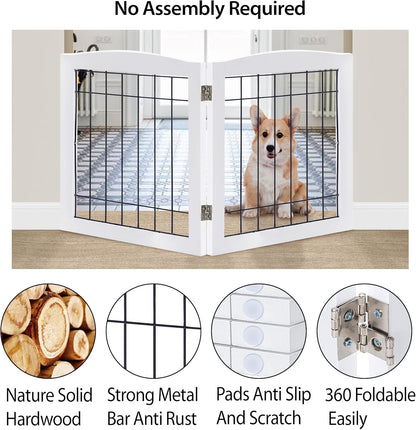 LZRS 2-Panel Freestanding Foldable Wood Dog Gate – Solid Wood & Steel Wire, Chew-Resistant Pet Barrier for Indoor Use, Ideal for Small to Medium Dogs, White